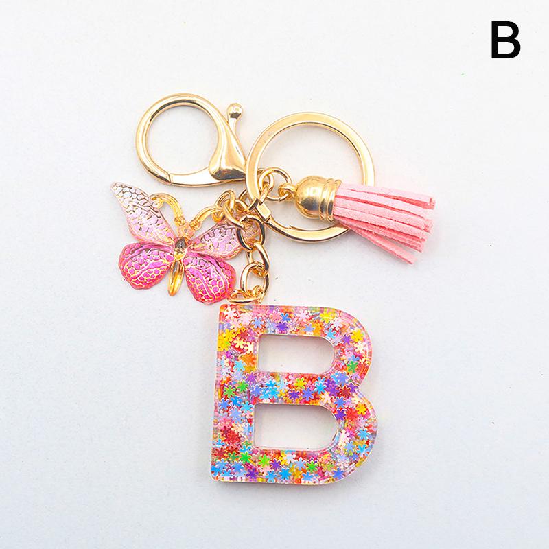 A-Z 26 Letter Pendant Keychain Tassel Butterfly Charms Keyrings Women Bag Ornaments Car Keychain Pendant
