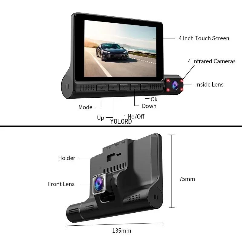 4Inch Car DVR Dash Cam for Cars 3 Lens Video Recorder  Dvr Mirror Black Box IPS 1080P HD Touch Screen car accessories