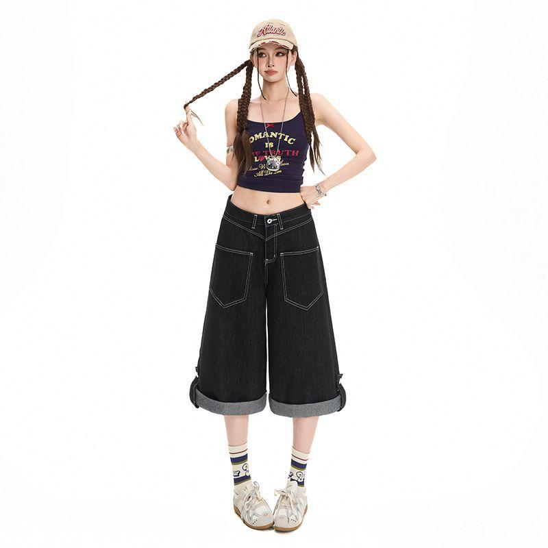 Trendy Summer Oversized Raw Black Denim Cropped Capri Shorts For Women Casual Wide Leg Loose Fit Versatile Slimming FigureFlattering Daily Wear
