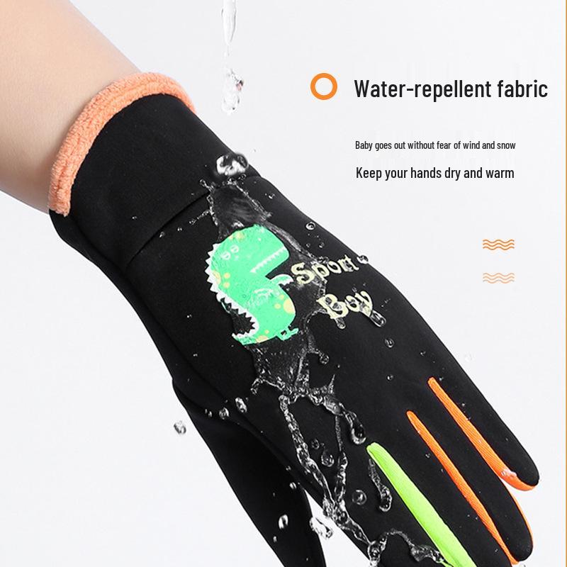 Kids' Windproof Waterproof Gloves - Warm, Velvet-Lined, Five-Finger Gloves for Boys & Girls - Ideal for Autumn & Winter Outdoor Activities