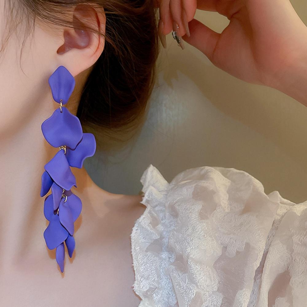 Fashionable multi-color red, blue, purple petal pendant earrings for women, new women's long exaggerated pendant earrings