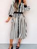 2025 Winter Stripe Print Lapel Shirt Dress for Women - Elegant European & American Style, Waist-Cinching Design