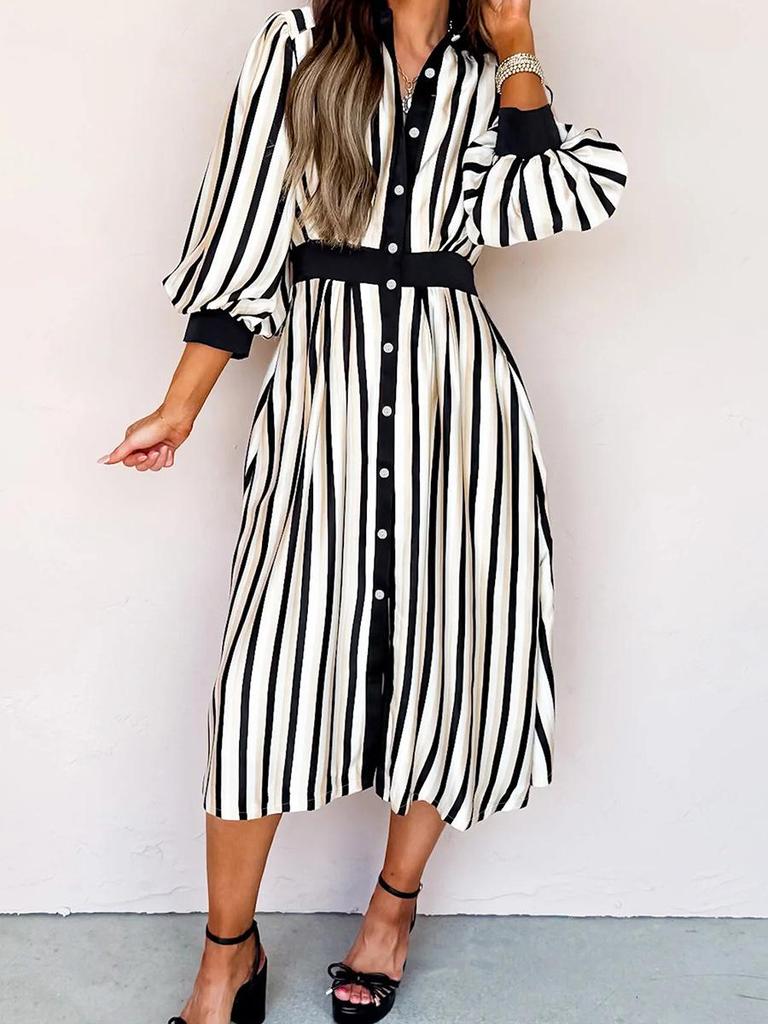 2025 Winter Stripe Print Lapel Shirt Dress for Women - Elegant European & American Style, Waist-Cinching Design