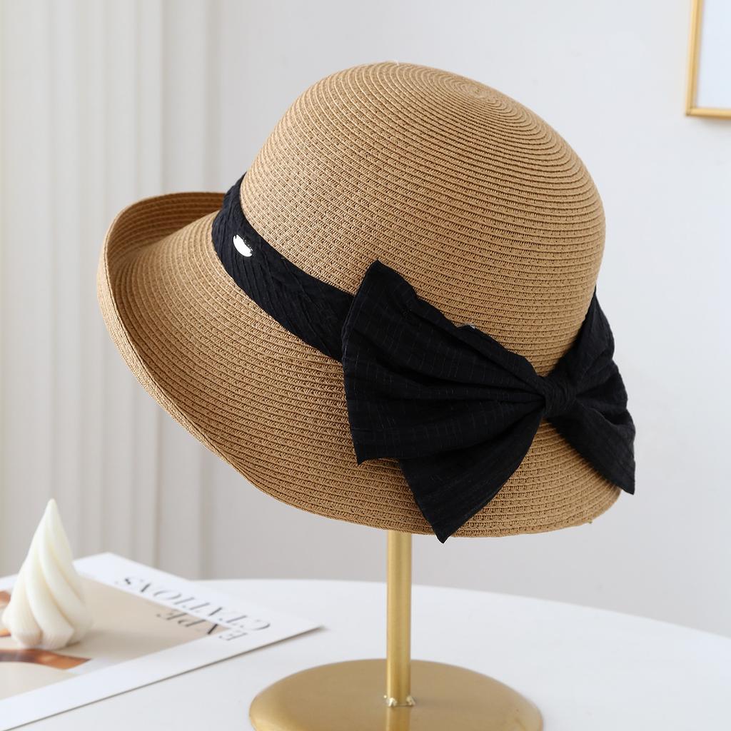 Hepburn Curled Straw Hat Children Summer Sweet Bow Bucket Hat Seaside Vacation Sun Shade Beach Hat