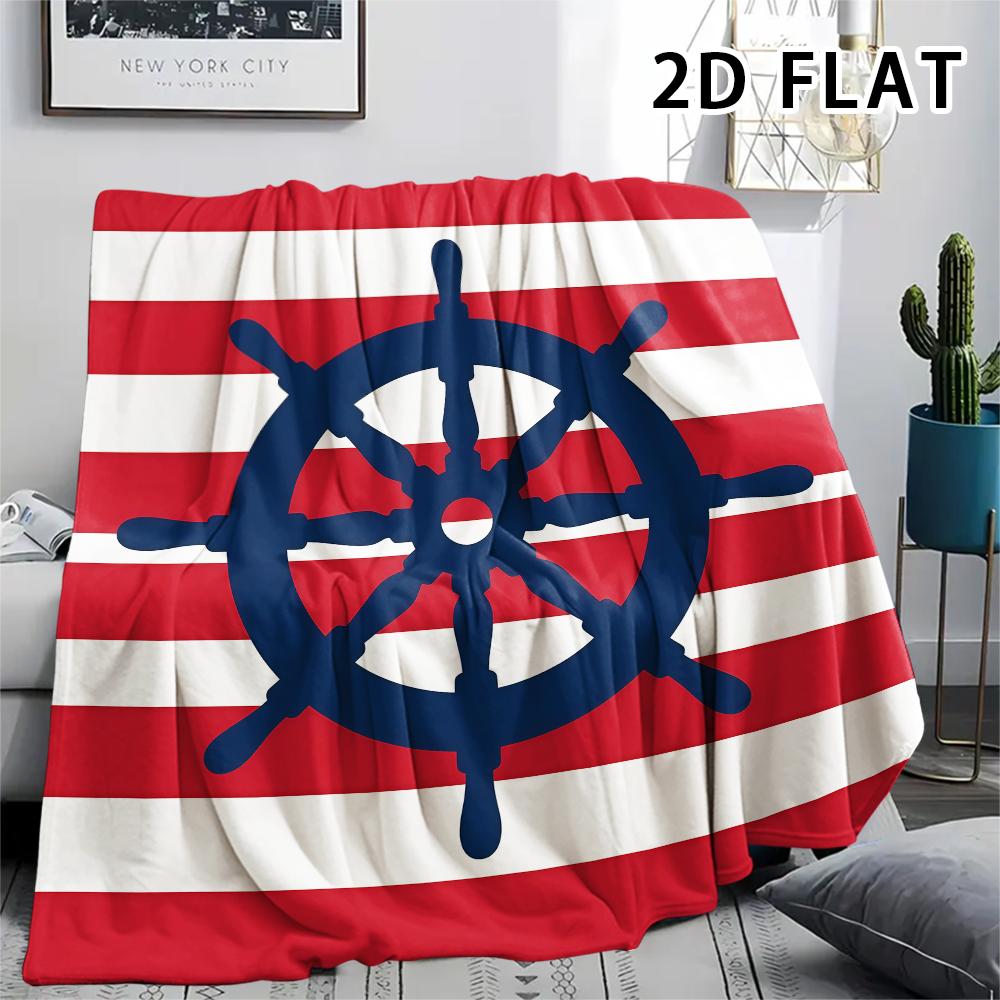 1Pc 2D FLAT Red Stripe Marine Print Flannel Blanket,High quality Comfortable for All Seasons,Home Decor,Warmth and Comfort,Perfect for Christmas Gifts