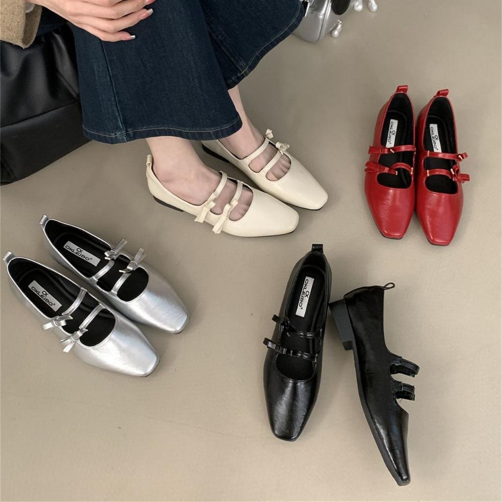 Korean version of temperament evening style design sense double bow French retro Mary Jane thick heel 2025 autumn single shoes women's shoes