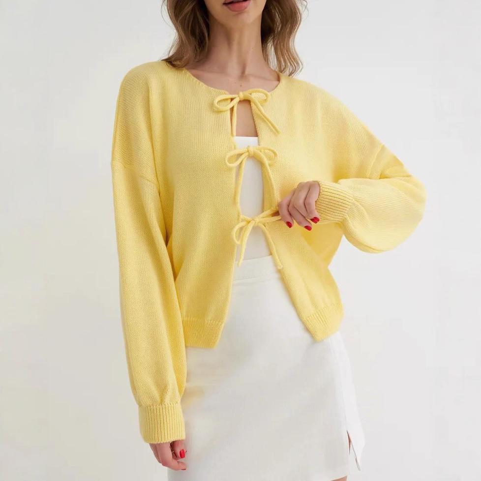 2025 Autumn/Winter European and American Women's Casual Loose Cardigan Tie Solid Color Knitted Sweater
