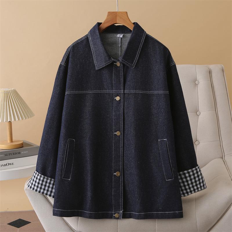 

2025 Autumn Women s Plus Size Plaid Patchwork Denim Jacket - Slimming Lapel Long Sleeve Cardigan XL