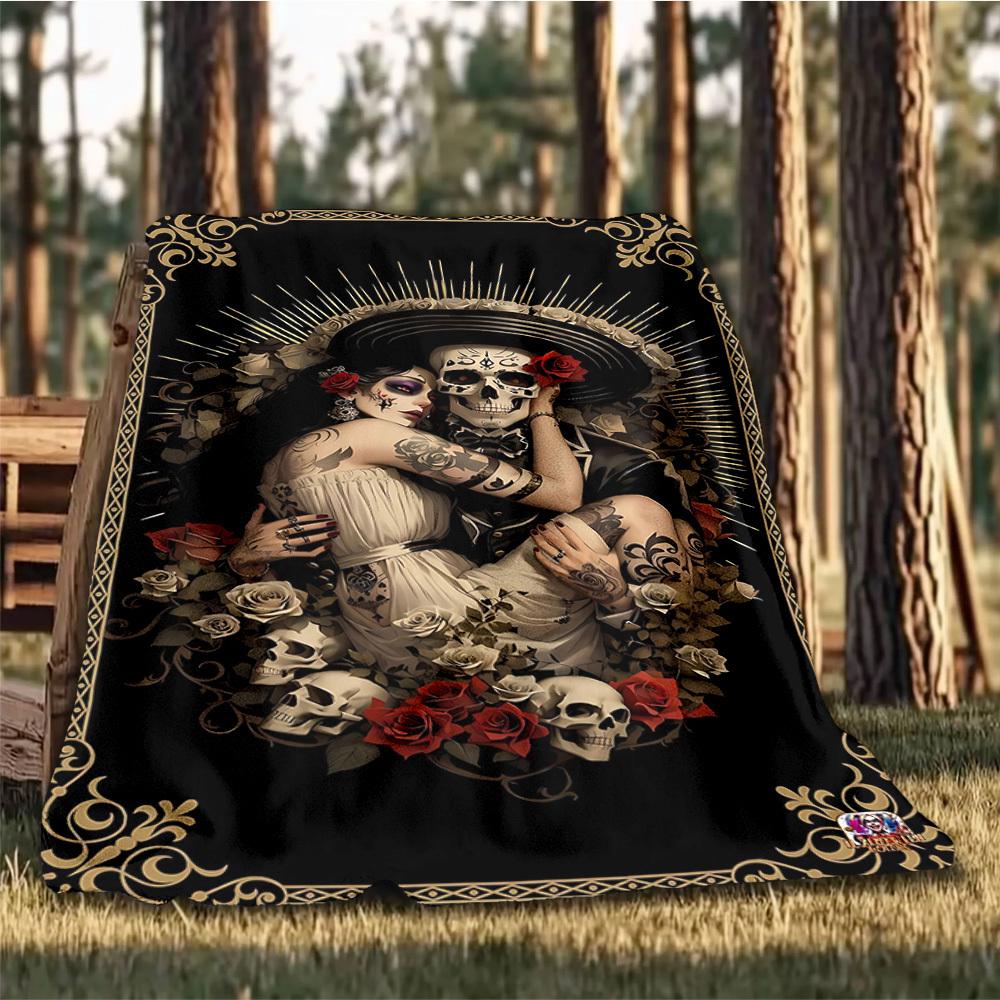 1pc Sugar Skull Outdoor Flannel Blanket, Cozy & Warm Soft Te Playful Design, Napping Camping,