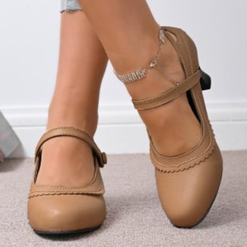 Women Pumps Casual Mary Jane Shoes Solid Color Round Toe Shoes Buckle Strap Leather Sandals Footwear High Heels Women Shoes