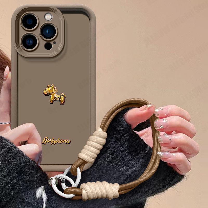 For OPPO A5 Pro 4G 5G Case Cute 3D Gold Horse With Lanyard Phone Case For OPPO A5 Pro 5G Matte Soft Silicone Cover