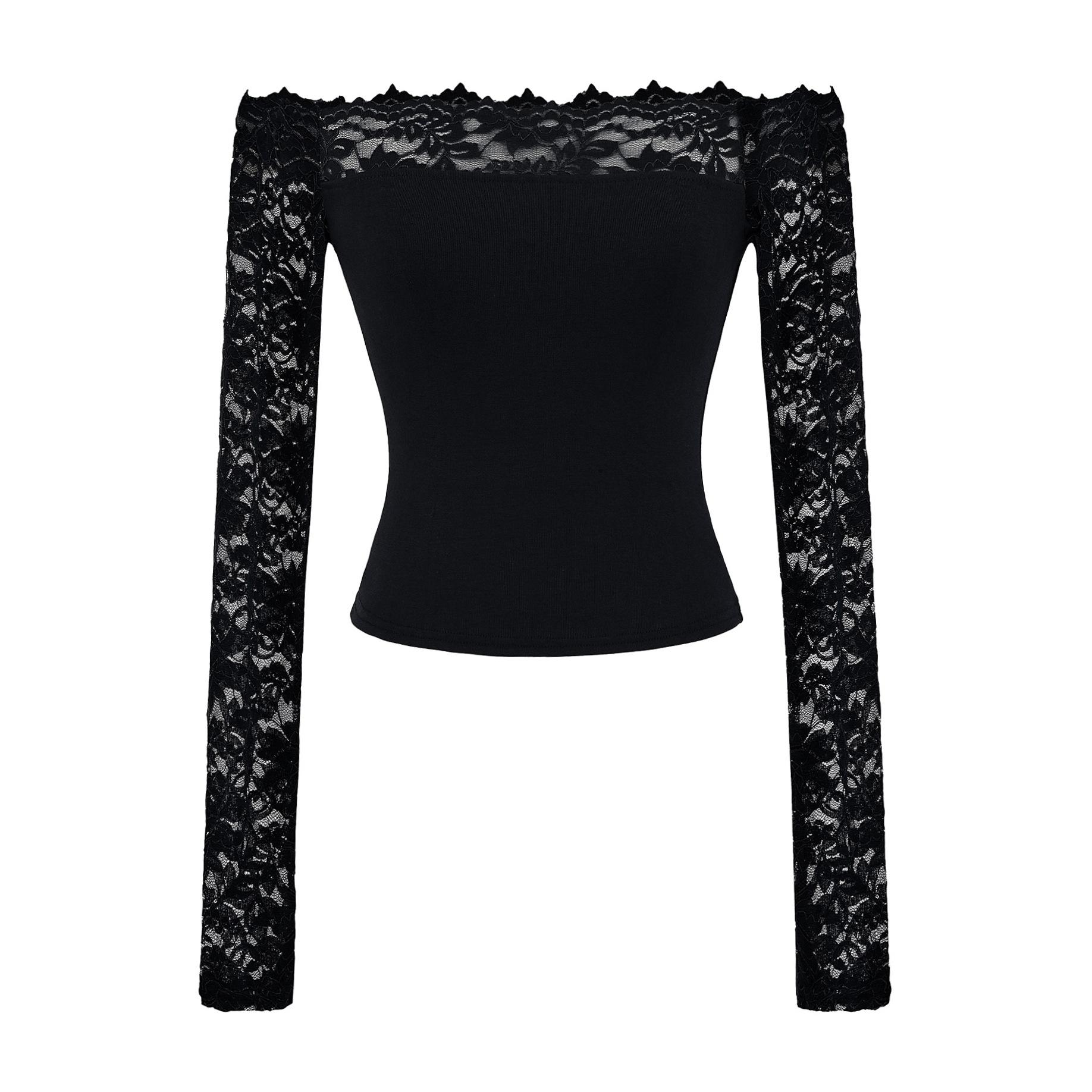 Women s Off-Shoulder Long Sleeve Top with Lace Trim in Multiple Colors S чёрный
