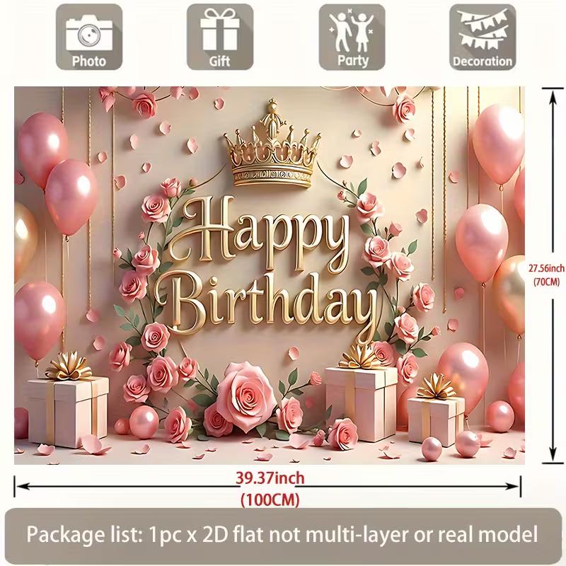 2D Girls Happy Birthday Photo Backdrop Banner Pink Gold Crown Rose Balloon Gift Party Background Cloth