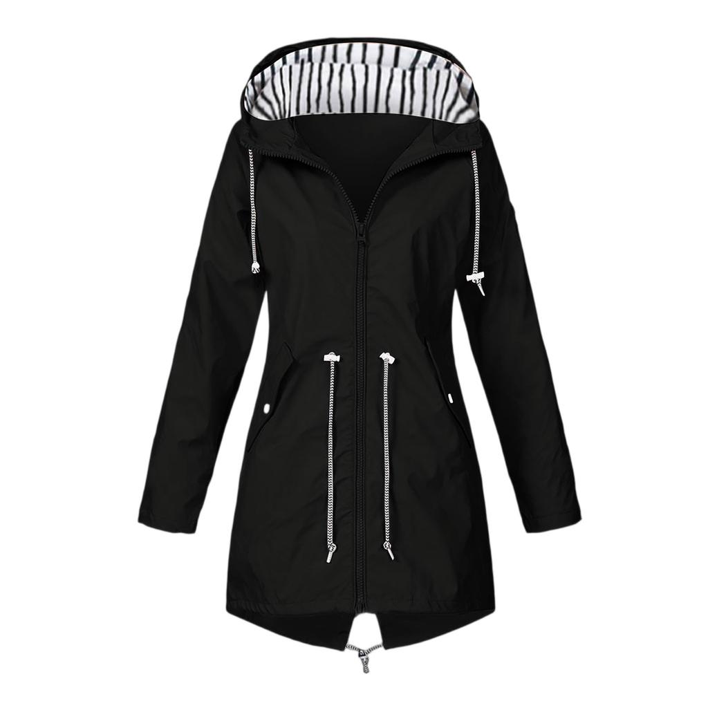 Womens Raincoats With Hood  Lightweight Outdoor Hooded Waterproof Windbreaker Solid Trench Coat Jacket Plus Size