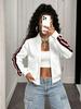 Women's Baseball Uniform Sleeves Contrasting Red, White and Black Striped Print Design Casual Long-sleeved Cardigan Jacket Trendy