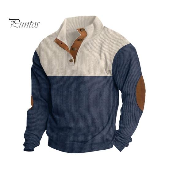 

Осень-весна Мужская толстовка с воротником-стойкой на пуговицах, цветные вставки, длинные рукава, спортивный повседневный топ XXL темно-синий