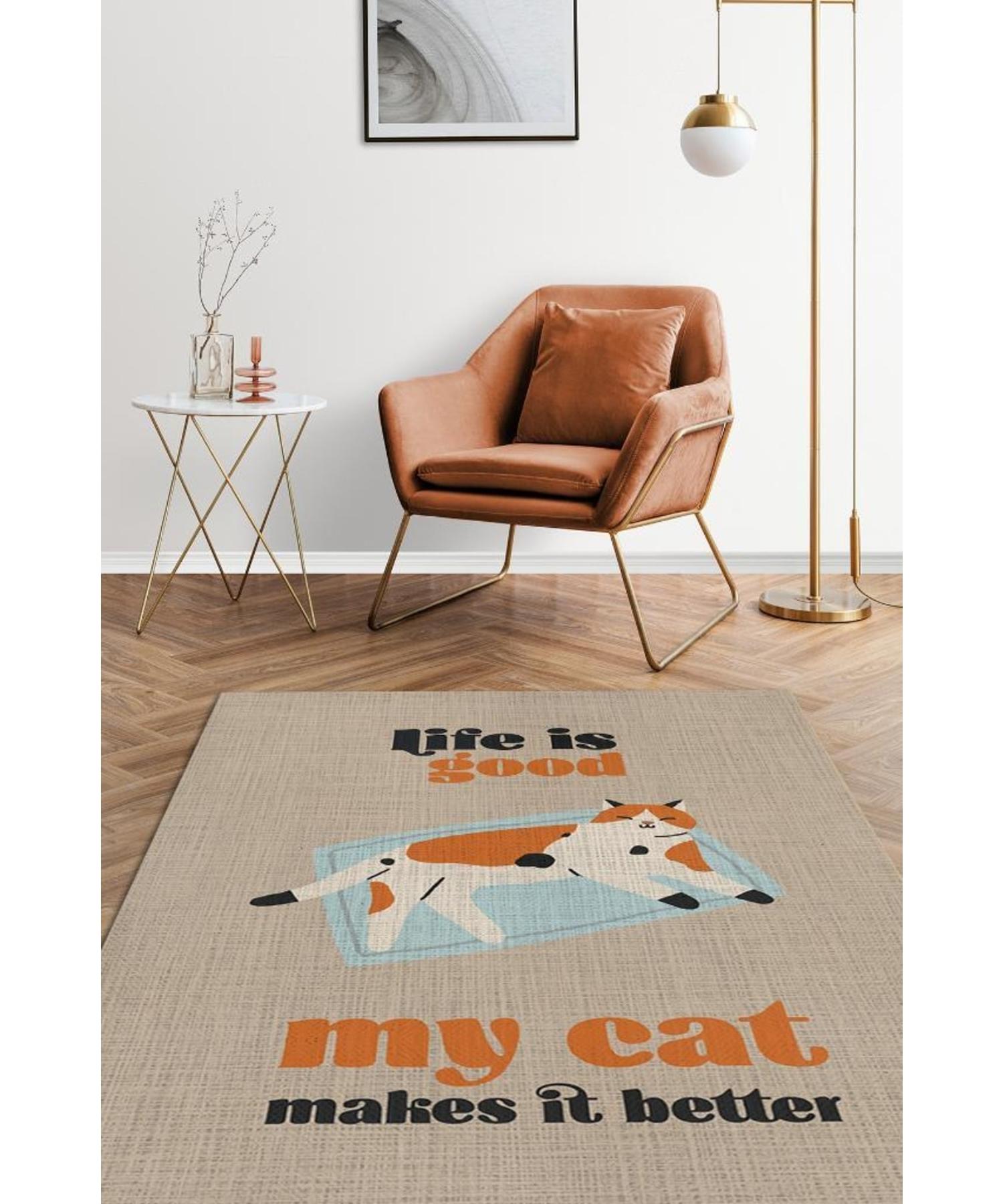 

Life With My Cat Beautiful Cotton Woven Based Washable Non-Slip Decorative Carpet