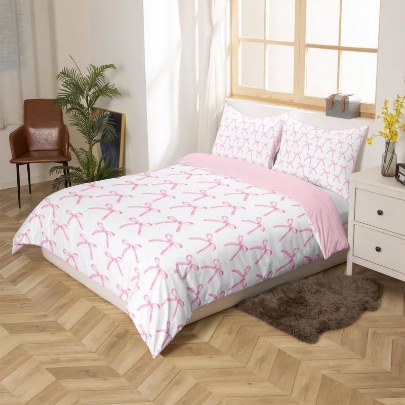 Cartoon Rosa Schleife Prinzessin Bettwäscheset Mädchen Schlafzimmer Dekoration Rosa und Weiß Bettbezug 2 Kissenbezüge
