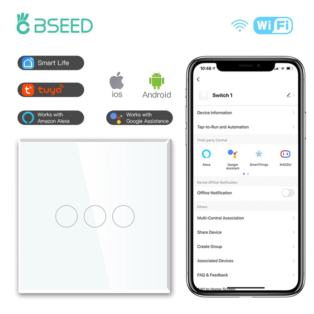 BSEED  Wifi 1/2/3Gang Smart Touch Switches 1/2/3Way Wall Light Switches Tuya Smart Life App Control Plus Sockets EU Standard
