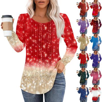 Damska modna, swobodna, plisowana, okrągła, z nadrukiem świątecznym, z długim rękawem, T-shirt