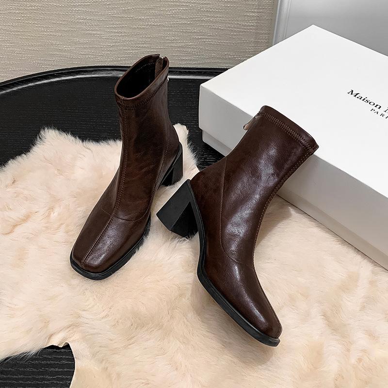 6.5CM British style fashion simple temperament thin boots autumn new square head thick heel rear zipper commuting short boots
