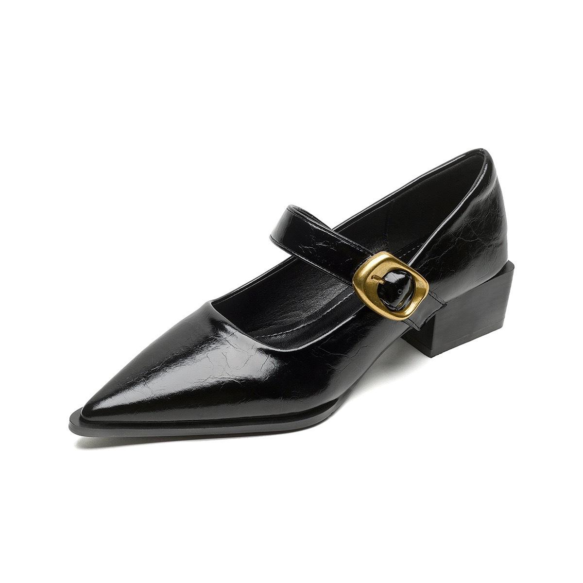 

Sheepskin version~ retro metal one-word buckle thick heel small single shoes women s shallow mouth pointed temperament versatile Mary Jane shoes 35