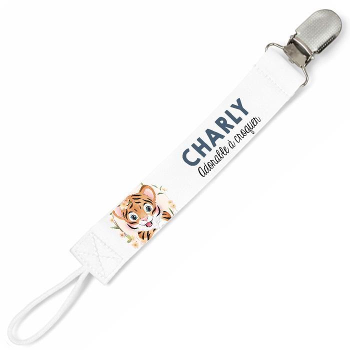 Planetee Attache tétine pour prénom CHARLY adorable à croquer tigre garçon | Attache sucette cadeau naissance