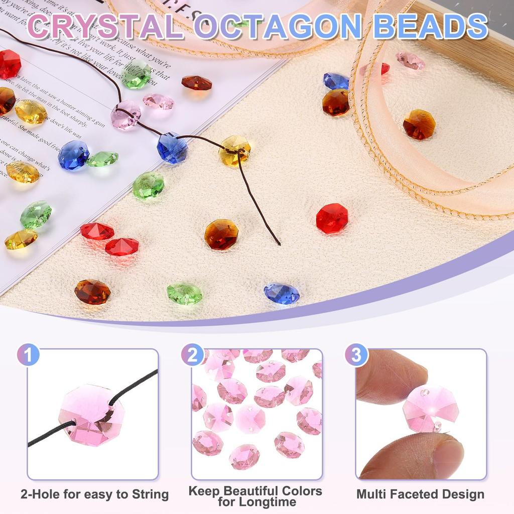 Uxcell 70pcs 14mm Crystal Octagon Beads, 2-Hole Glass Suncatcher Beads, Chandler Prism Parts, Pendants for Home DIY Arts and Crafts Decoration, Pink