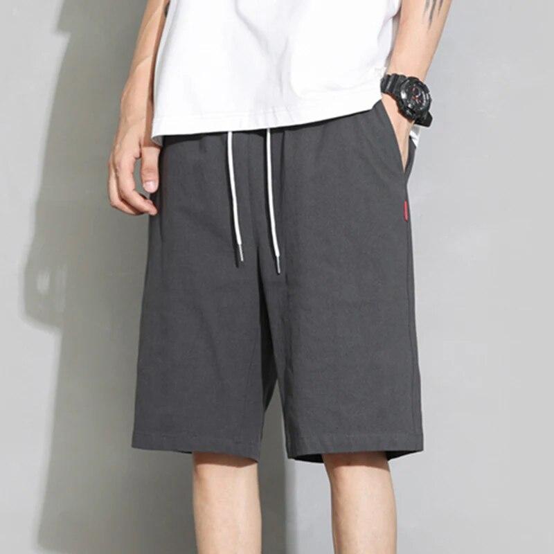 

Летние мужские хлопковые брюки, льняные однотонные базовые короткие брюки, мужские летние спортивные легкие спортивные штаны M темно-серого