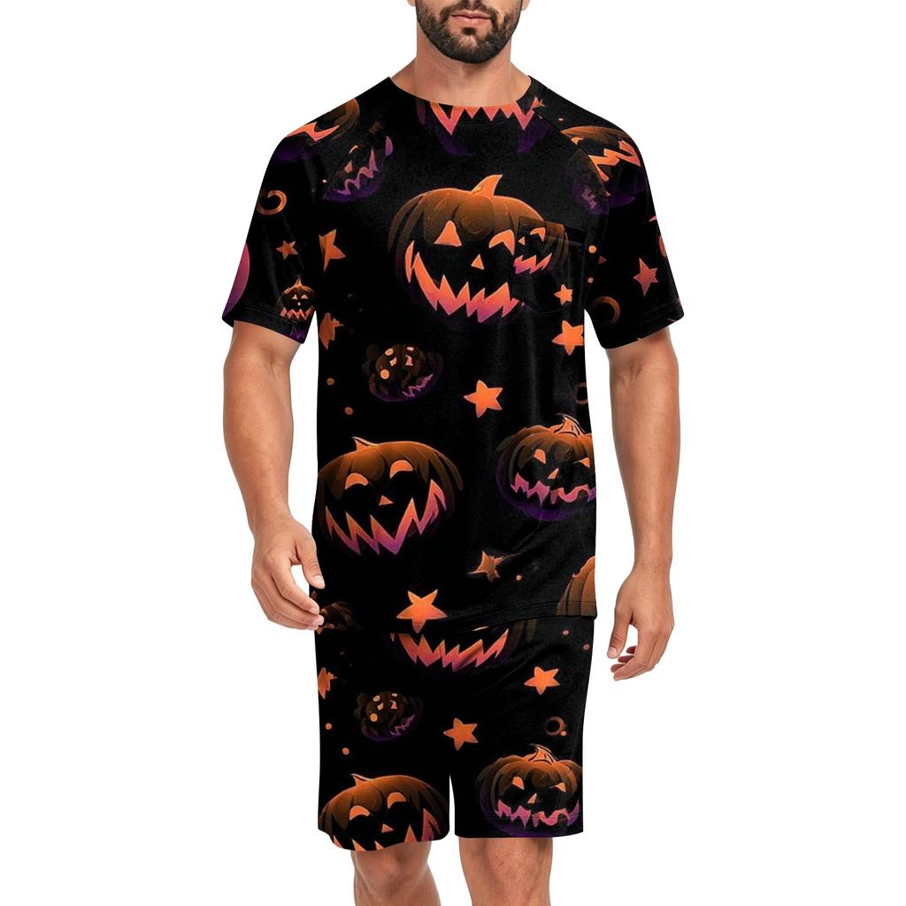 Men's Halloween Casual Pajama Set Short Sleeve Top and Shorts Comfortable Lightweight Sleepwear Set for Home Relaxation