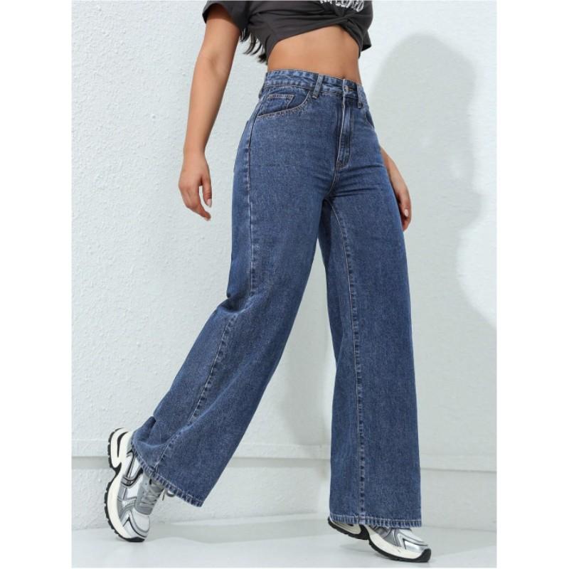 Women Loose Retro Wide Leg Jeans Solid Casual Straight Wash High Elastic Denim Pants