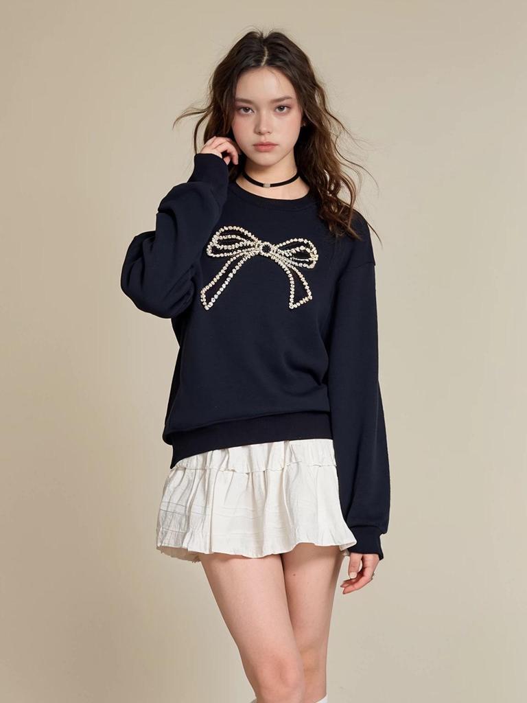 Women's 3D Beaded Bow Round Neck Sweatshirt - Loose Fit, Spring 2025 Collection