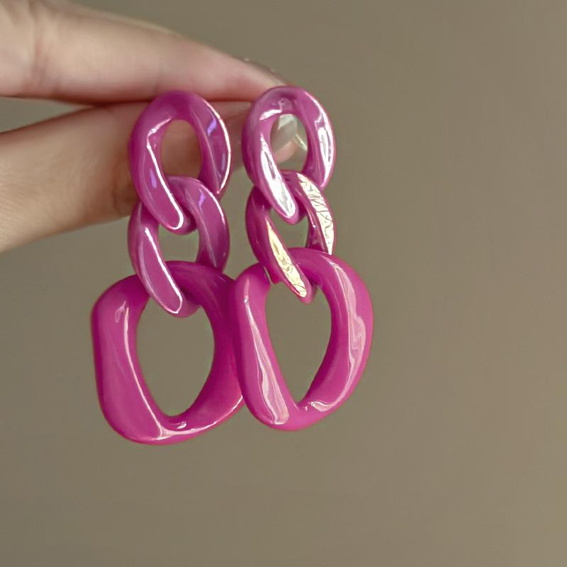 Pink Geometric Twist Chain Earrings Personalized Creative Exaggerated Stud Earrings Niche Temperament High-end Earrings Women