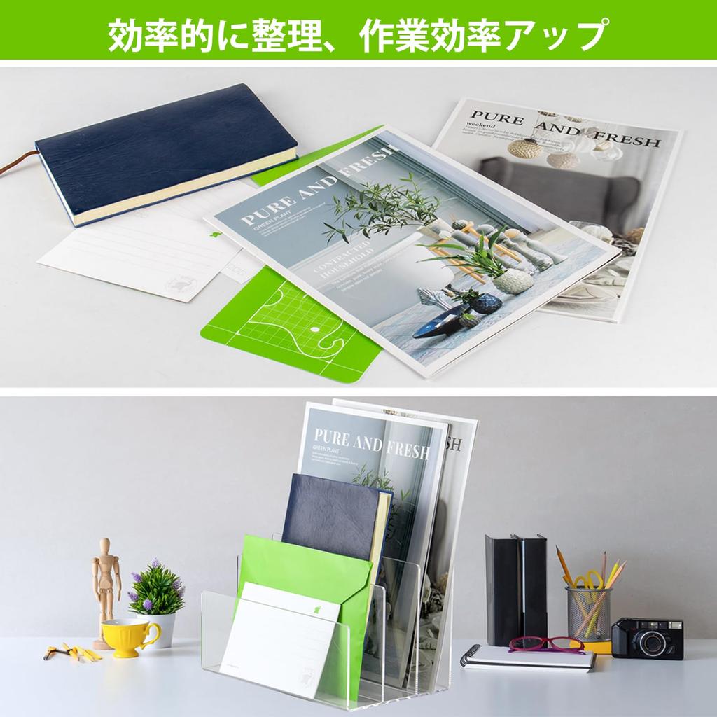 Andacar Desk Shelf, Storage Rack, 3 Compartments, File Box, Desk Rack, Office Storage Rack, No Installation Required, Clear Plastic, Bookshelf,