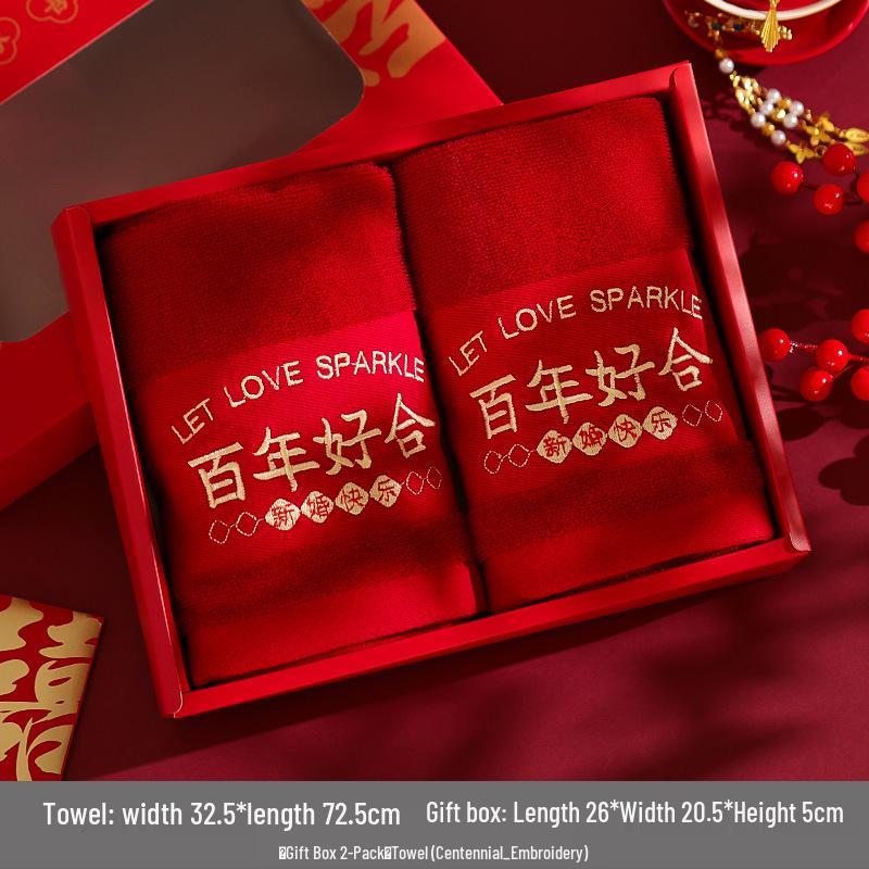 Red Wedding Towel Pair - Bride's Favors, Gift Boxed, Ideal for Dowry