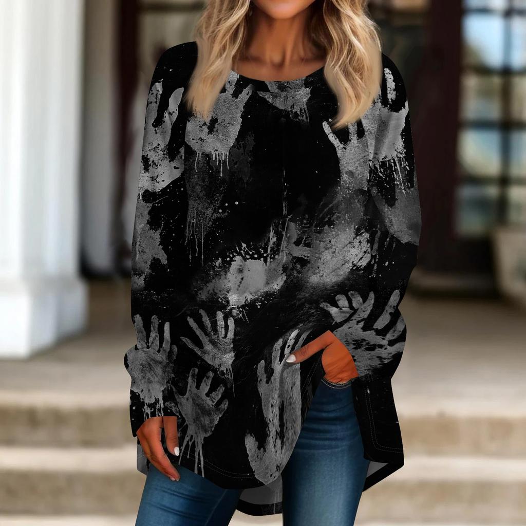 Women's Loose Fit Neck Halloween Print Long Sleeve Tunic Top