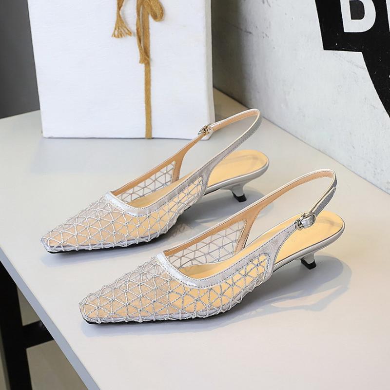

European American Style Banquet Fashionable Temperament Pointed-Toe Single Shoes Low Heel Mesh Breathable Hollow Rear Trip Strap 35