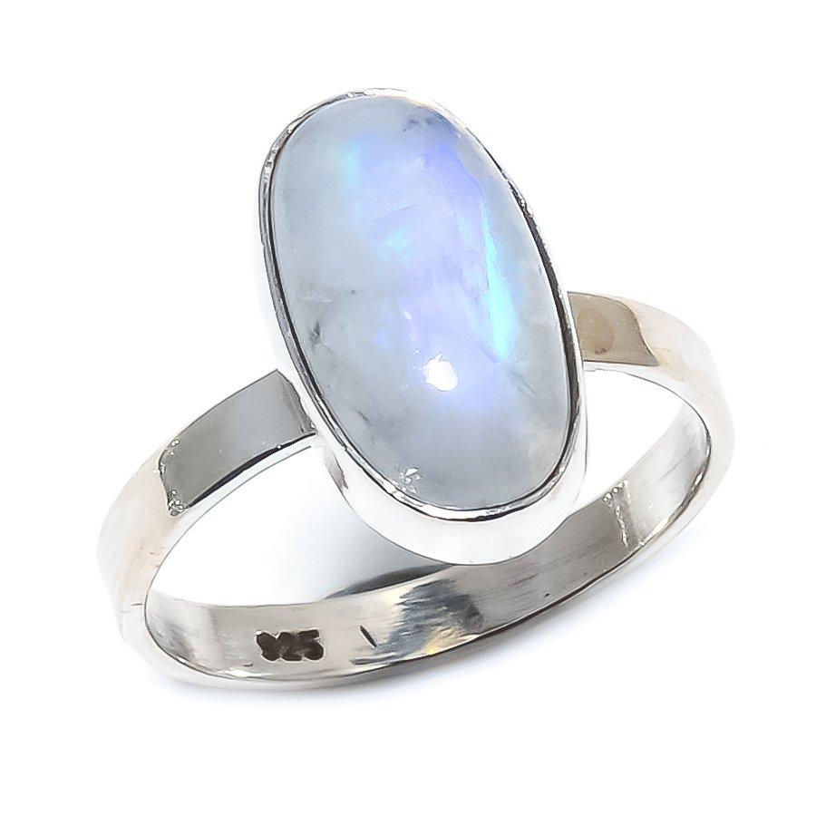 Natürlicher Regenbogen Mondstein Edelstein 925 Sterling Silber Geschenk Ring S.6 H4f05