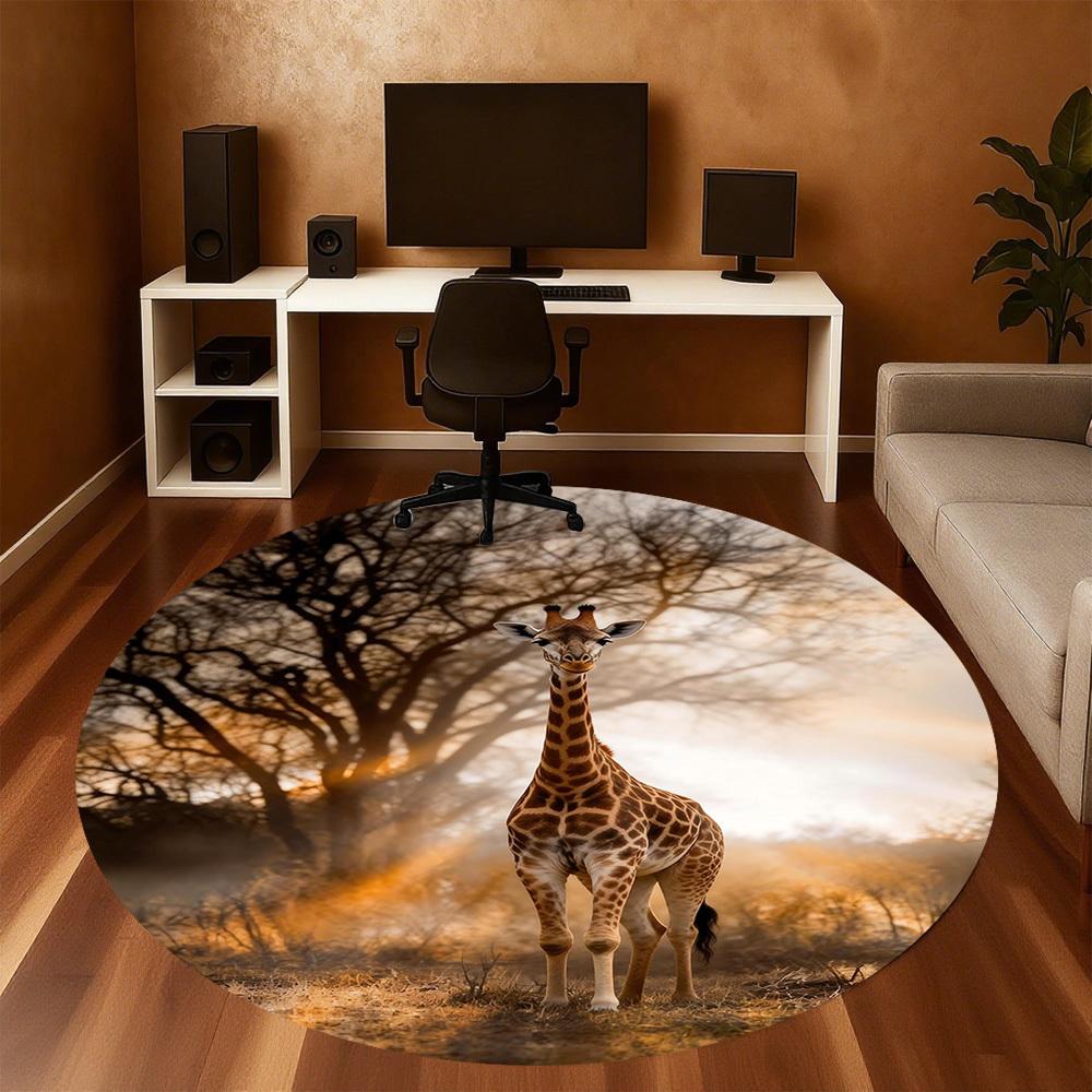 1pc Giraffe Savannah Round Chair Mat Office Area Rug - Non-Slip, Floor Mat for Office, Bedroom, and Indoor Decor P127038