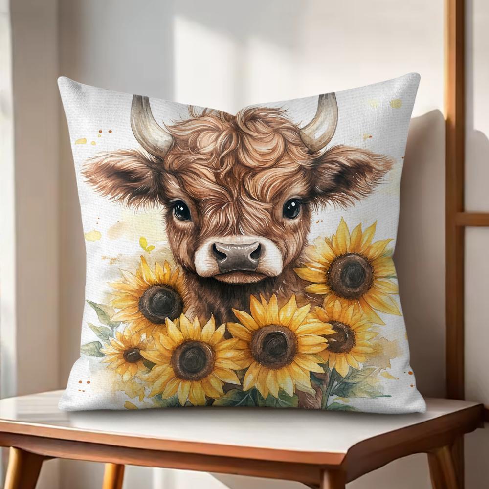 

Cute Highland cattle Cushion Cover Natural Linen Organic Fabric DoubleSided Printing Couch Pillow Covers Home Decor Gift 30cmx30cm