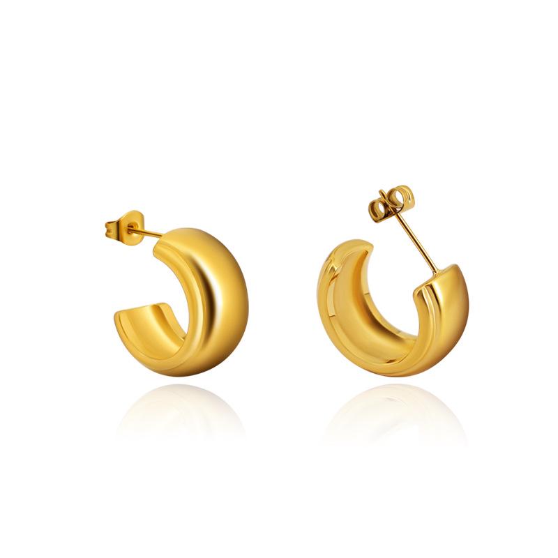 Elegant French C-Shaped Wide Noodle Stud Earrings - High-Quality Gold Plated Stainless Steel