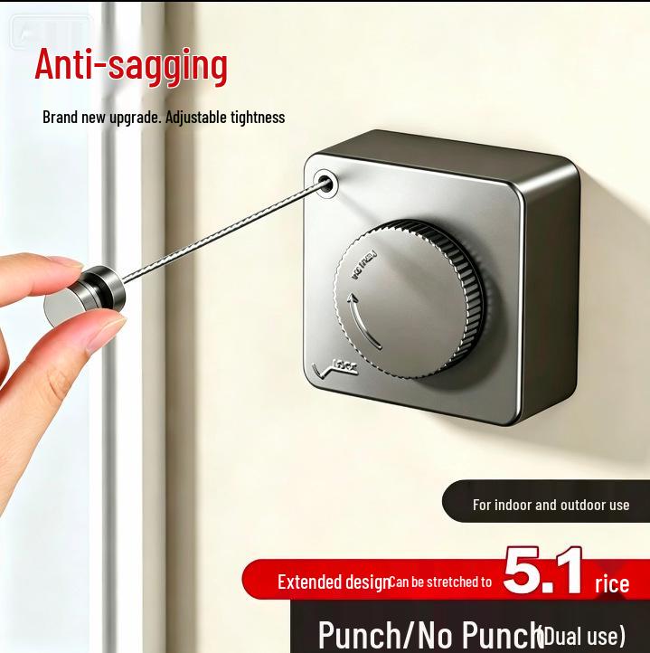 Indoor No-Drill Retractable Clothesline - Windproof Tightening Steel Wire for Bathroom and Balcony