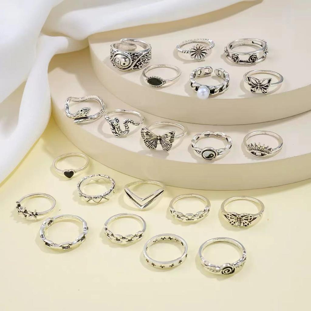 21PCS Cross-border New Punk-Style Butterfly Heart And Tai Chi design Multi-Element Snake Ring SSuits For Men And Women