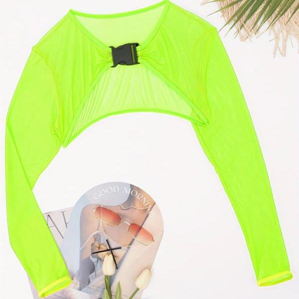 2025 Damen Langarm Mesh Badeanzug Überwurf: Einfarbige Bademode für den Strand