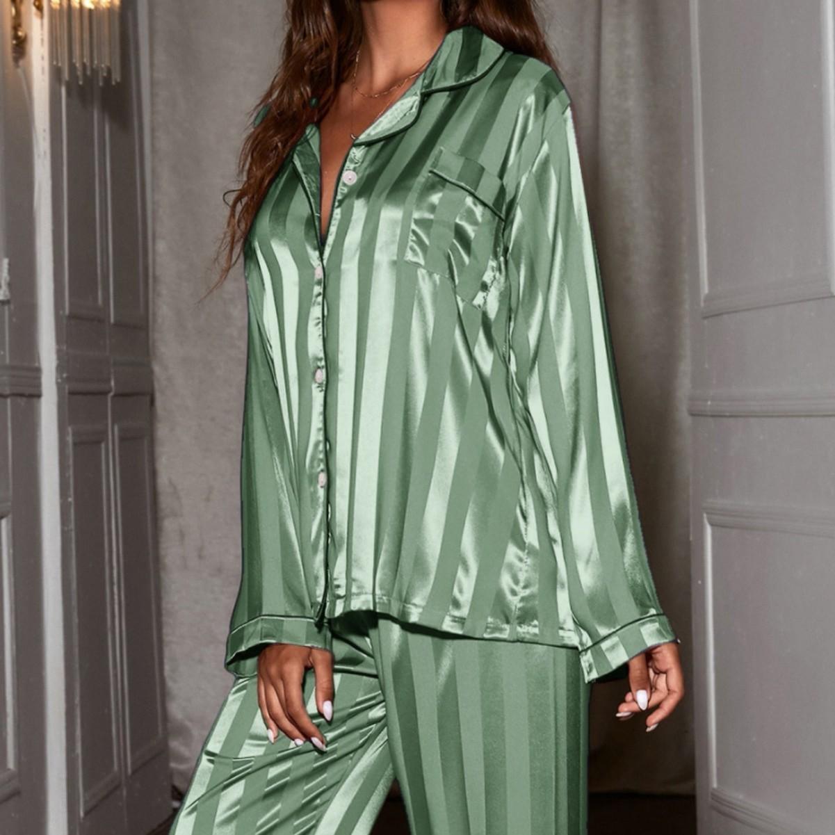 

Spring Autumn Women Pajamas Lounge Set Green Stripe Print Shirts Tops and Pants Satin Loose 2 Piece Loungewear Outfits Sleepwear S