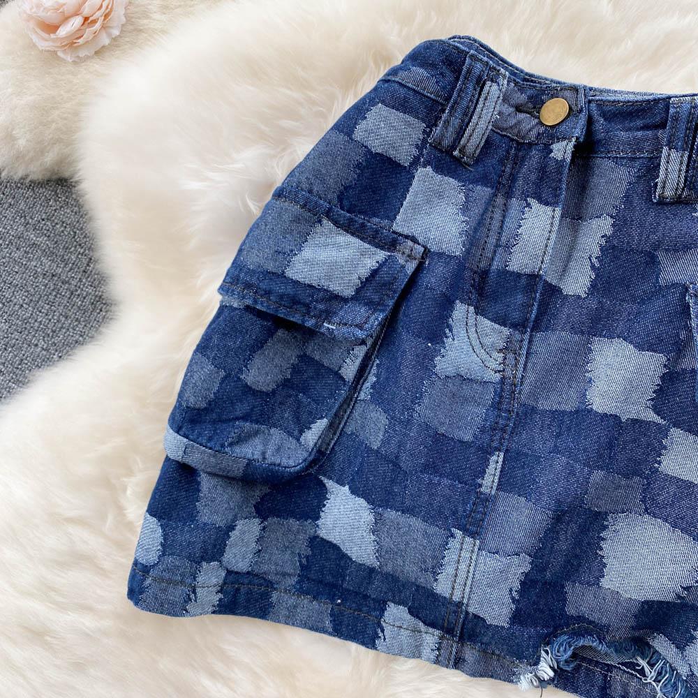 Sexy Tight Skirt Ins Plaid Short Skirt Women's Summer A-Line Skirt High Waist Denim Wrap Hip Skirt