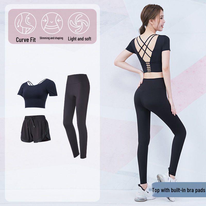 Women's Red Short Sleeve Slimming Yoga Top & Quick-Dry Running Fitness Set