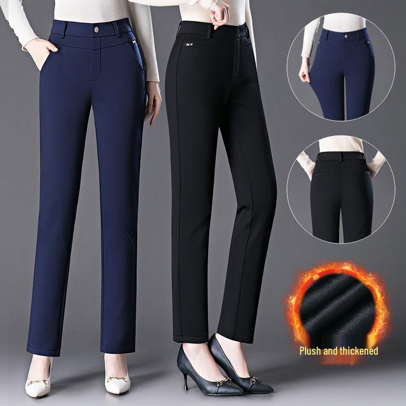 2023 Winter Women's High-Waist Fleece-Lined Straight-Leg Pants - Warm, Elastic, Casual Wear for Moms.