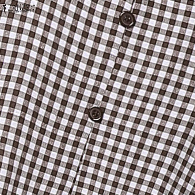 ZANZEA Women Casual Round Neck Long Sleeve Muslim Plaid Long Dress