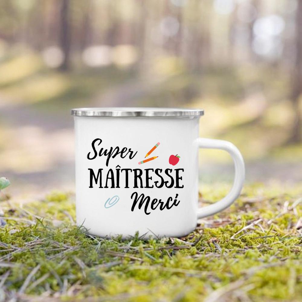 Merci Maitresse French Print Enamel Mug Drinks Dessert Milk Cup Creative Coffee Cups Vintage Handle Drinkware Gift for Teacher